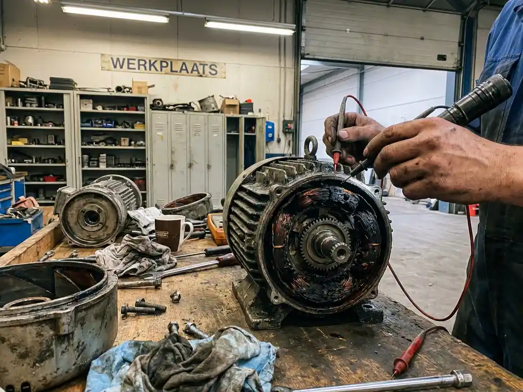 Gedemonteerde elektromotor met beschadigde koperen wikkelingen op werkbank, monteur onderzoekt onderdelen met gereedschap