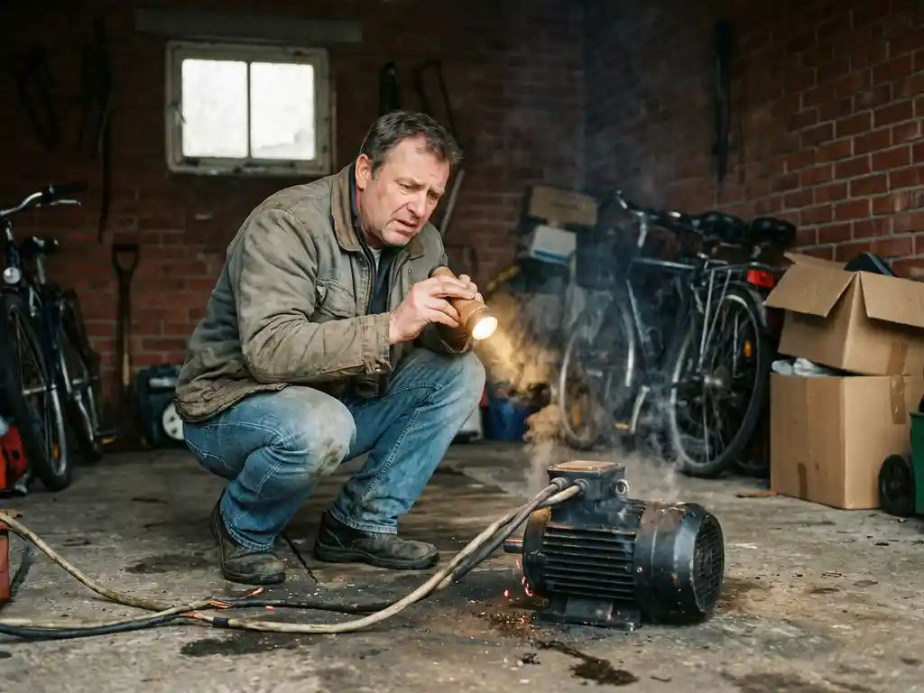 Bezorgde huiseigenaar naast rokende elektromotor in Nederlandse garage met vonken en rook