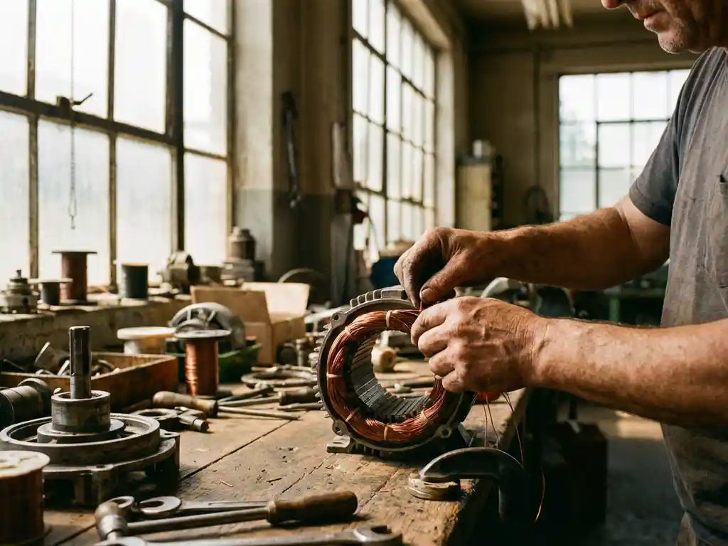 Ervaren Nederlandse technicus wikkelt koperdraad rond motorstator in traditionele werkplaats met gereedschap