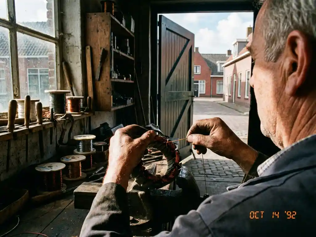 Nederlandse monteur wikkelt koperdraad om elektromotor stator in traditionele garage werkplaats met vintage gereedschap