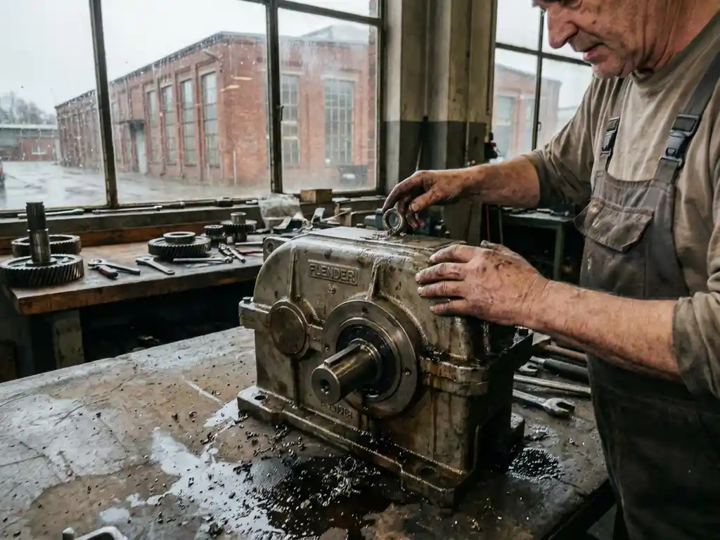 Nederlandse monteur inspecteert grote industriële Flender tandwielkast in werkplaats met gereedschap en reserveonderdelen