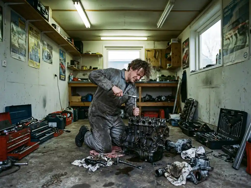 Gefrustreerde persoon knielt bij gedemonteerde automotor in garage, motoronderdelen verspreid over betonnen vloer