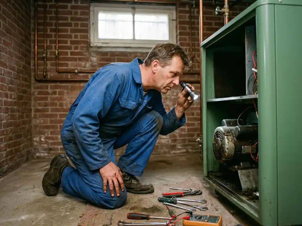 HVAC-technicus onderzoekt motor van verwarmingsunit met zaklamp in Nederlandse kelder met bakstenen muren