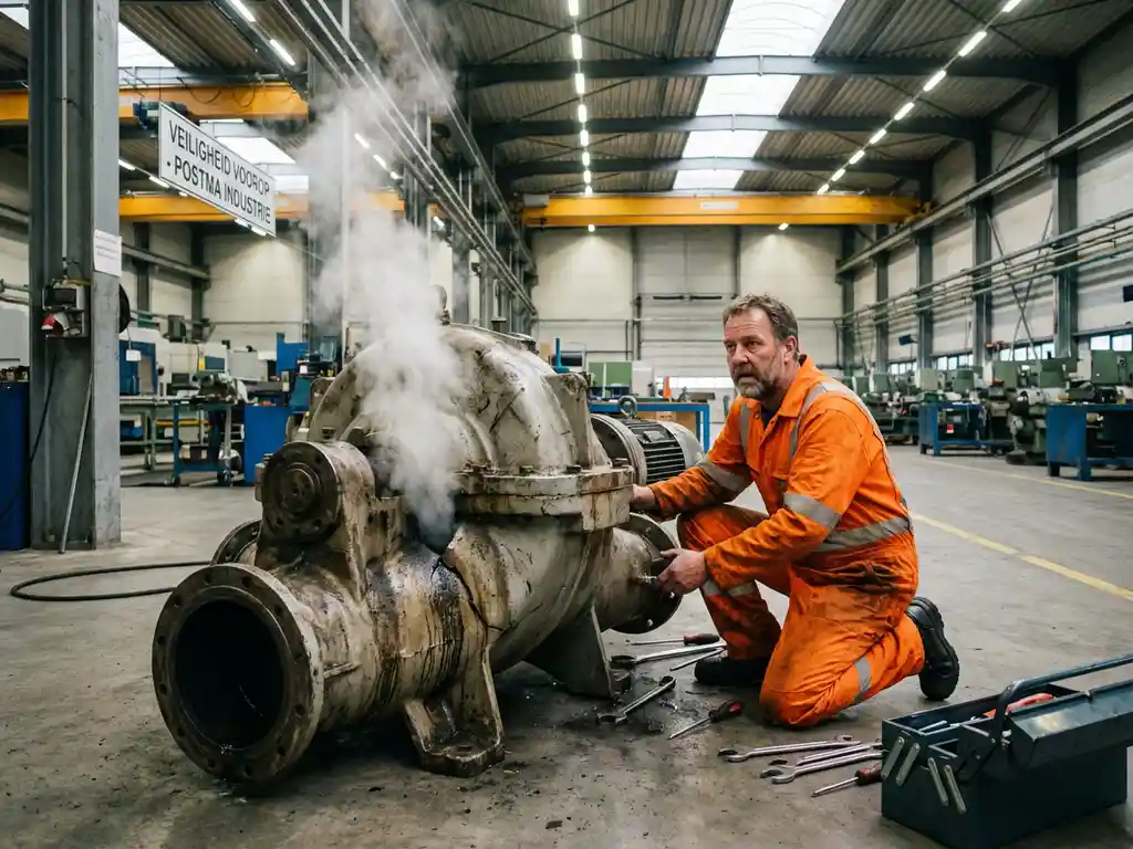 Nederlandse industriearbeider in oranje overall onderzoekt kapotte waterpomp in moderne fabriek met gereedschap op de vloer