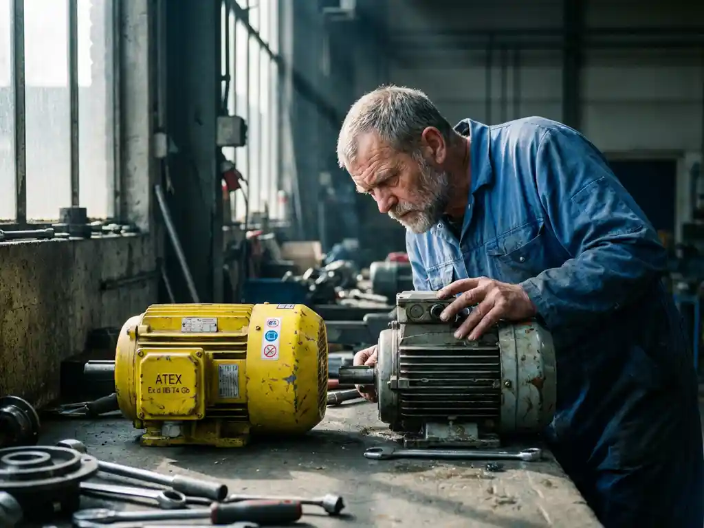 Nederlandse monteur in blauwe overall onderzoekt gele ATEX explosieveilige motor en grijze industriële motor in fabriek