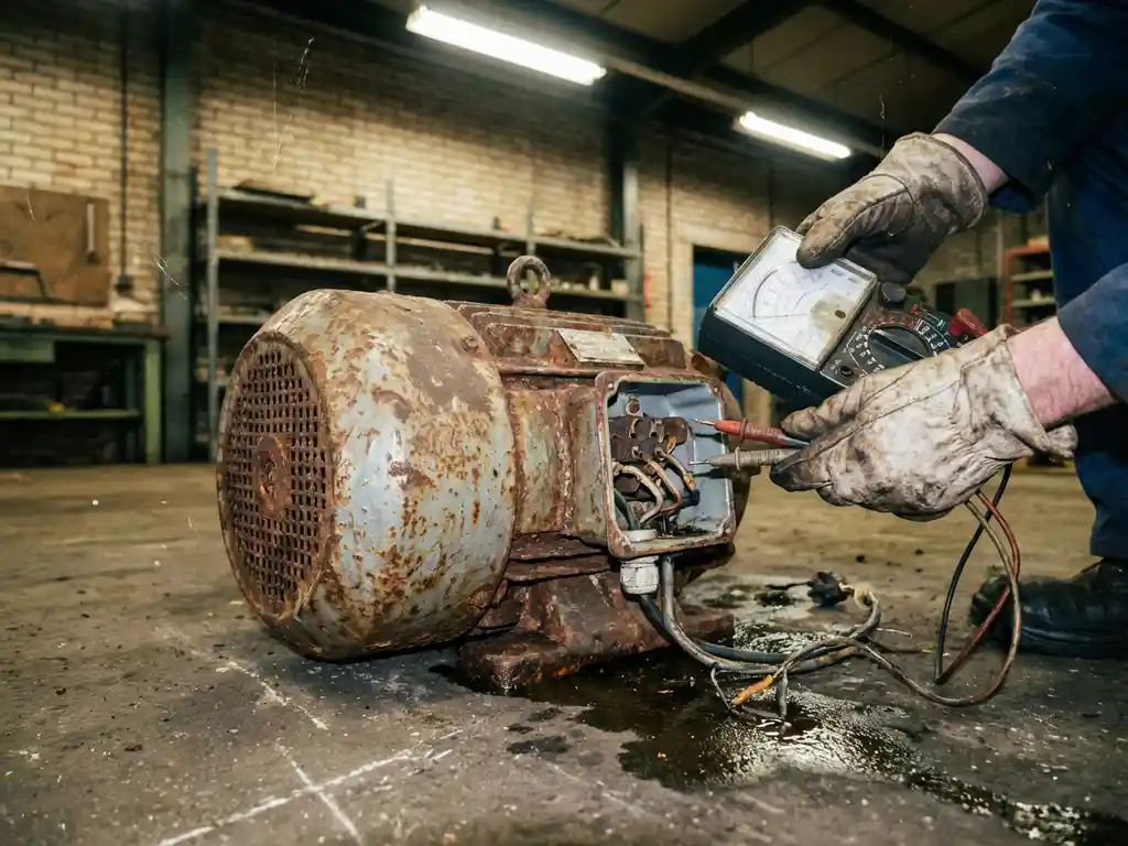 Verweerde industriële motor met roest en slijtage op betonnen fabrieksgrond, onderhoudsmonteur test met multimeter
