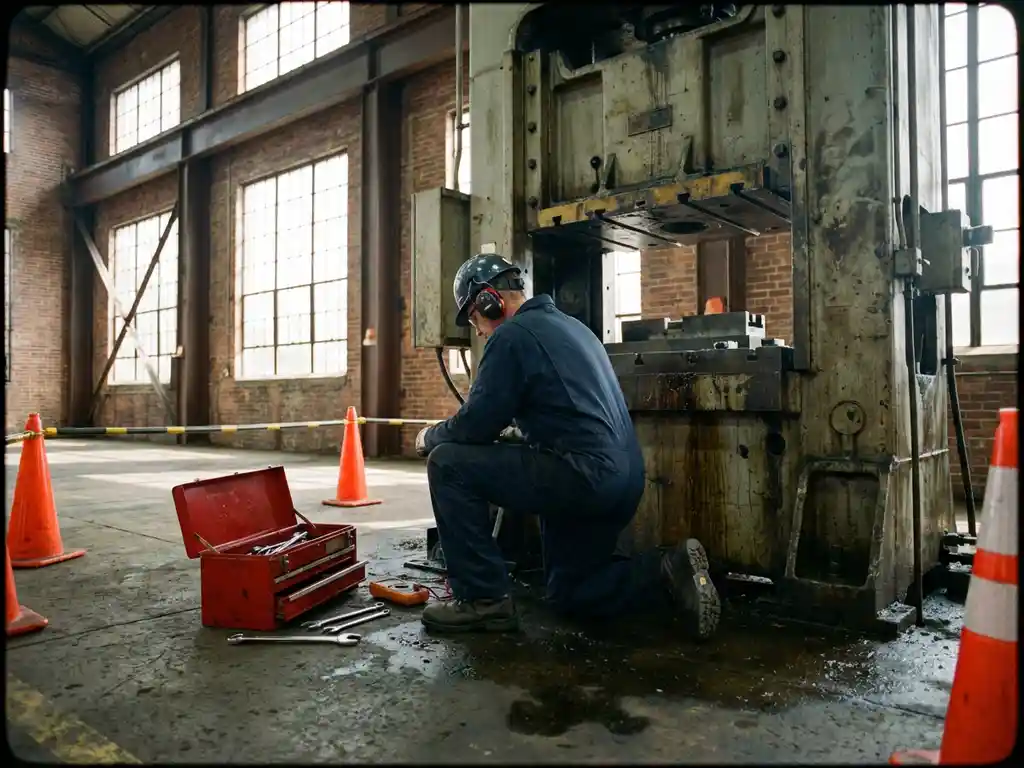 Onderhoudstechnicus repareert industriële machine in Nederlandse fabriek met gereedschapskist en veiligheidskegels