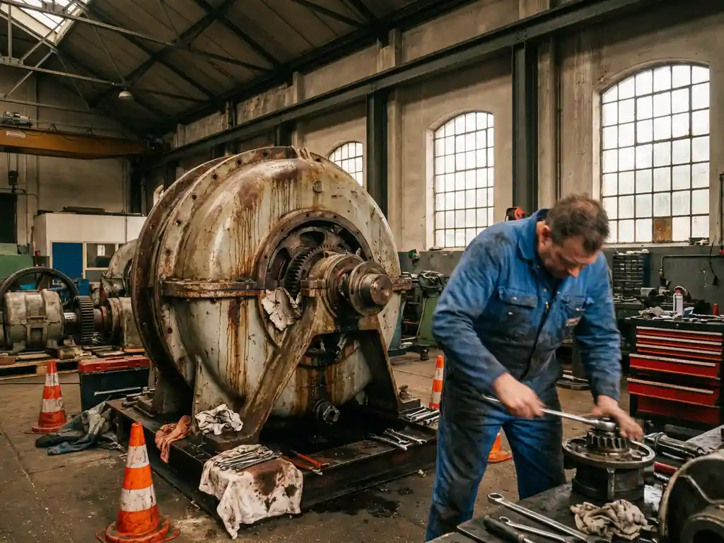 Verweerde industriële pomp met roest en schade in Nederlandse fabriek, onderhoudsgereedschap en veiligheidskegels eromheen