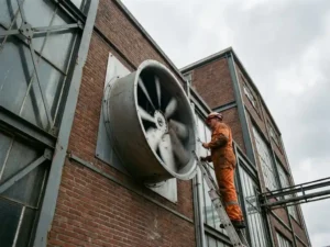 Onderhoudsmedewerker in oranje overall onderzoekt industriële ventilator op bakstenen fabrieksmuur met gereedschap