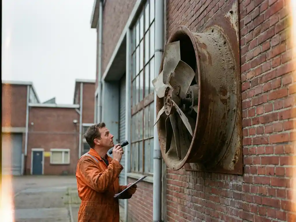 Onderhoudsmonteur in oranje overall inspecteert defecte industriële ventilator op Nederlandse fabrieksmuur met zaklamp
