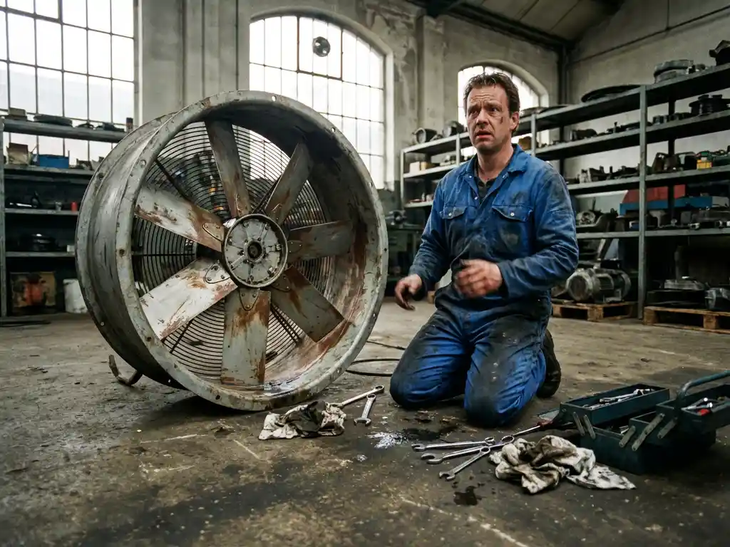 Kapotte industriële axiale ventilator met beschadigde metalen bladen, onderhoudsmonteur in blauwe overall onderzoekt defect