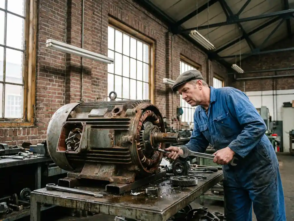 Kapotte industriële motor op werkbank in Nederlandse werkplaats met monteur die schade onderzoekt