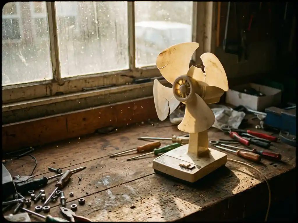 Kapotte witte ventilator met gebroken plastic bladen op houten werkbank in garage, gereedschap en schroeven eromheen