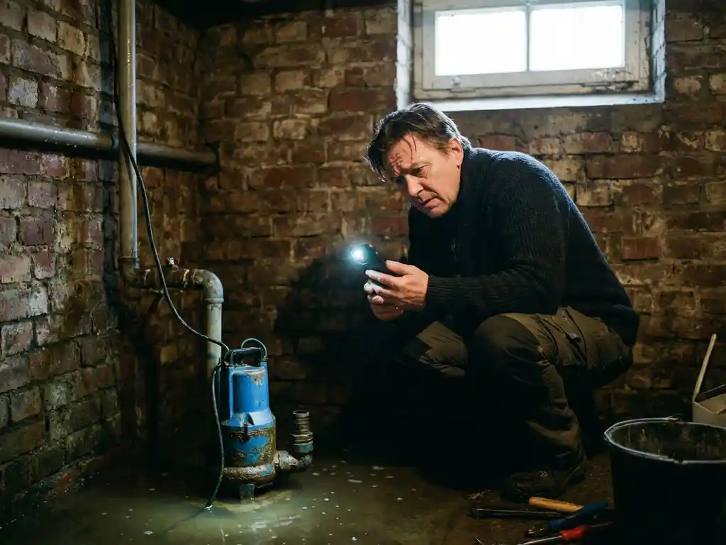 Huiseigenaar onderzoekt lekkende dompelpomp in overstroomde kelder met smartphone zaklamp, water rond pompvoet