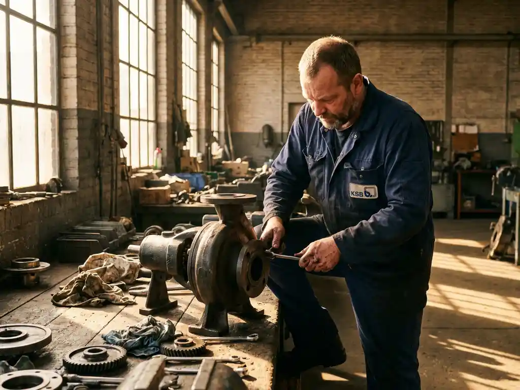 Nederlandse technicus demonteert industriële KSB waterpomp in werkplaats met gereedschap op werkbank
