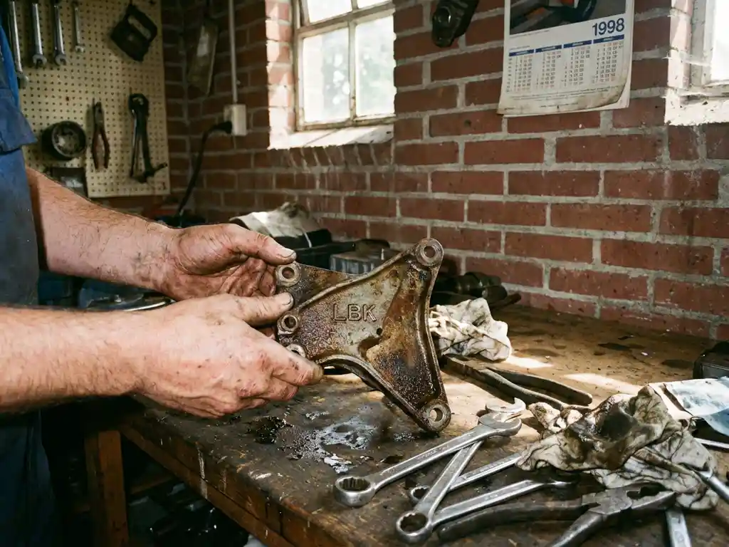 Monteur houdt versleten LBK motoronderdeel met roest op rommelige werkbank in Nederlandse garage
