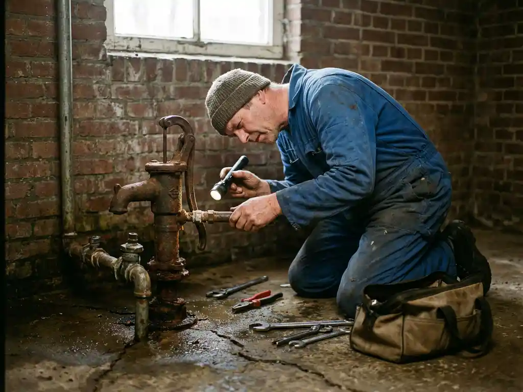 Nederlandse loodgieter onderzoekt oude waterpomp in kelder met zaklamp, gereedschap op natte betonvloer
