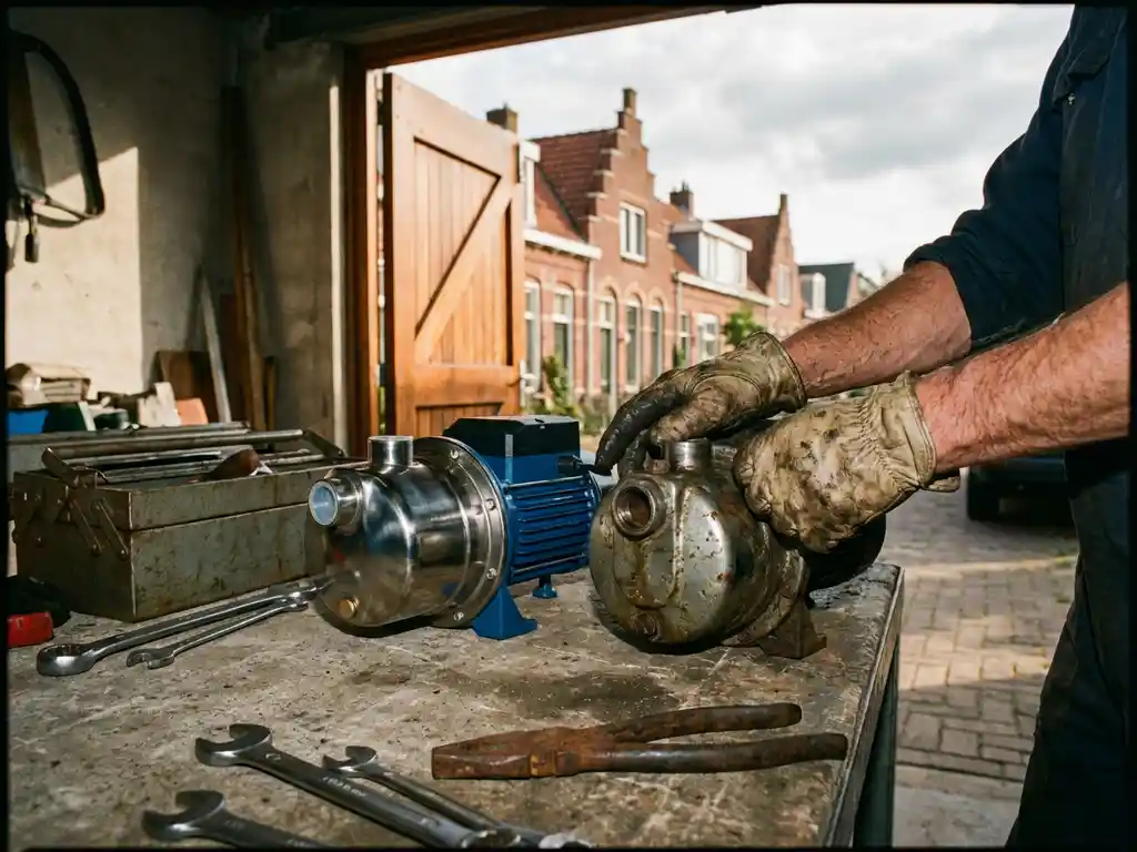 Nederlandse loodgieter vergelijkt nieuwe en gereviseerde waterpomp op werkbank in garage met traditionele bakstenen huizen