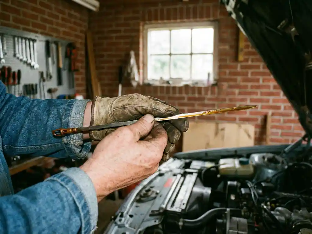 Ervaren monteur controleert oliepeilstok in Nederlandse garage, oranje motorolie glimt op metalen staaf