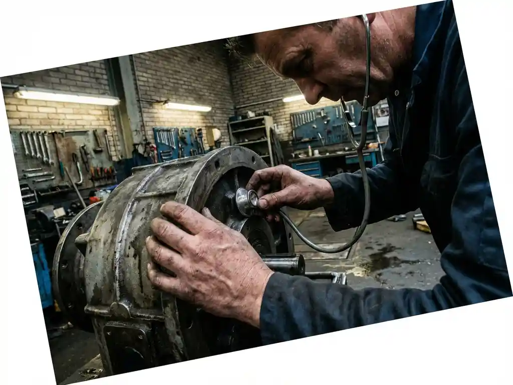 Nederlandse monteur gebruikt stethoscoop om industriële tandwielkast te diagnosticeren in werkplaats met bakstenen muren