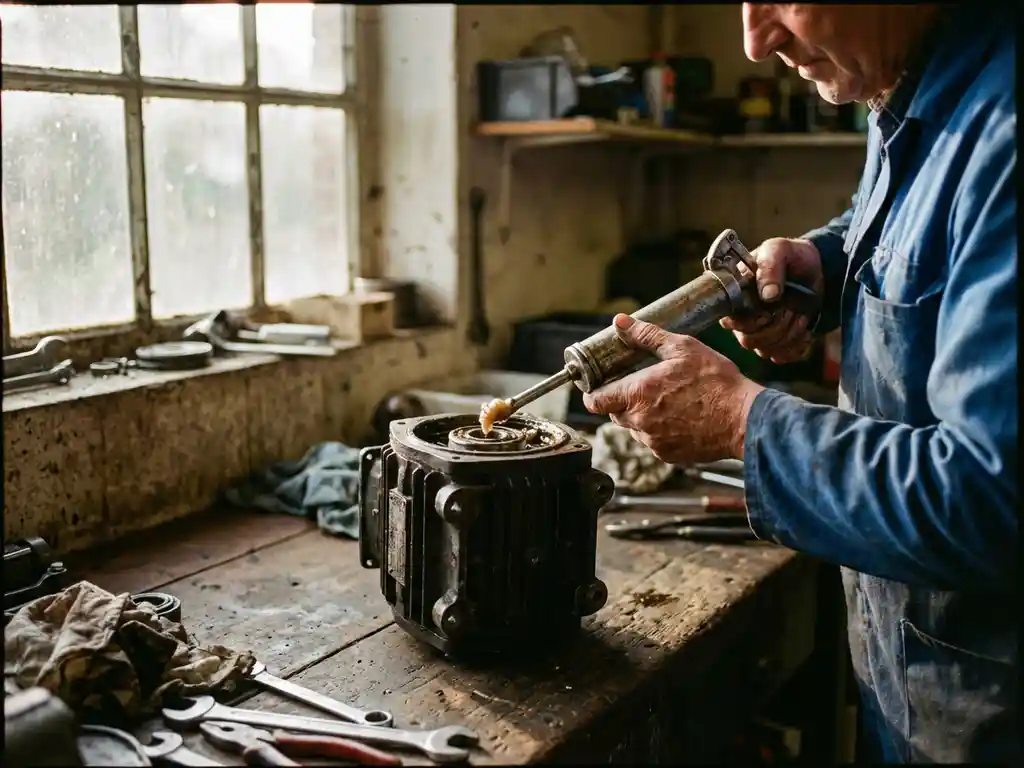 Monteur smeert lagers van elektromotor met vetspuit in Nederlandse garage werkplaats met gereedschap op werkbank
