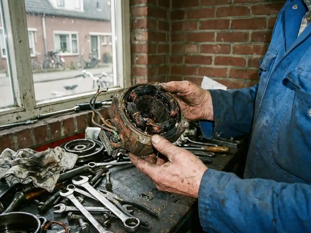 Monteur houdt kapotte elektromotor met verbrande spoelen vast in Nederlandse garage werkplaats