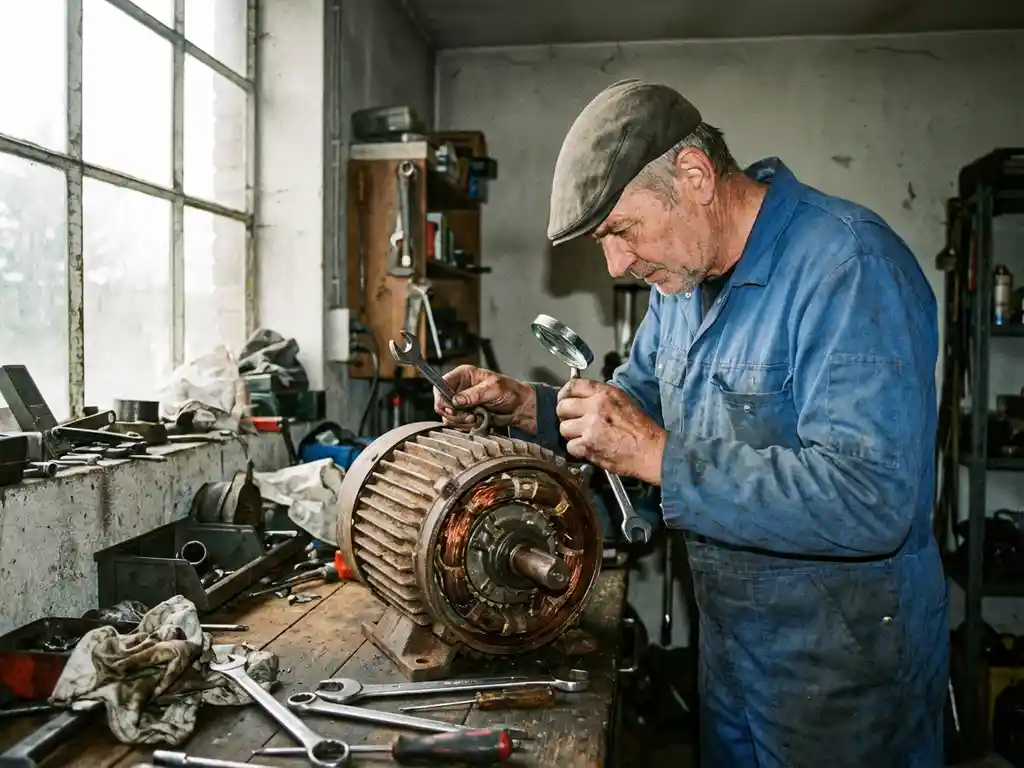 Nederlandse monteur in blauwe overall onderzoekt oude elektromotor op werkbank in garage met gereedschap