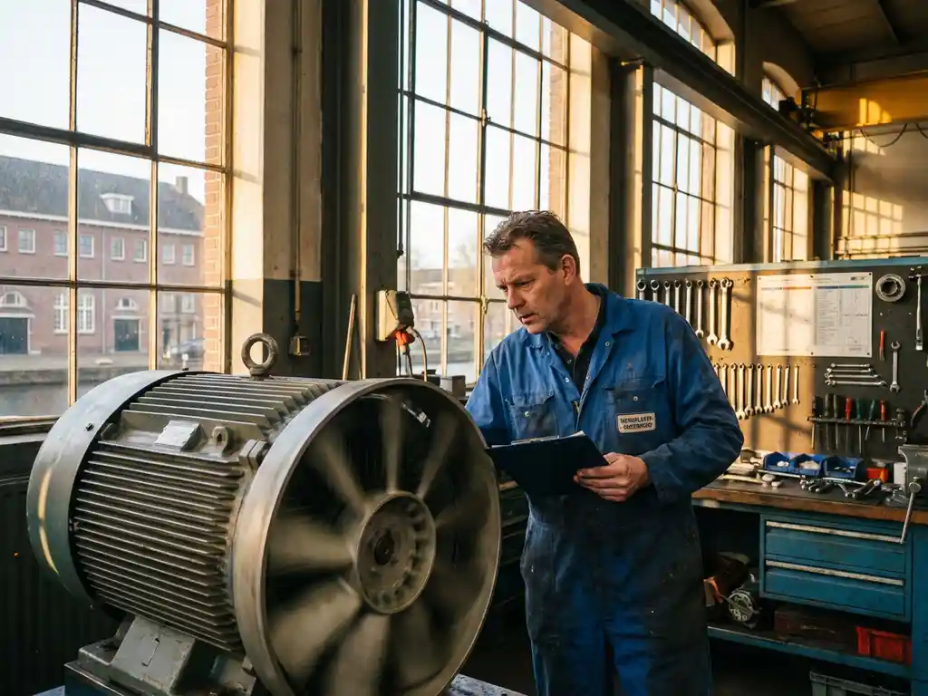 Nederlandse onderhoudstechnicus in blauwe overall inspecteert industriële motor met klembord in moderne fabriek