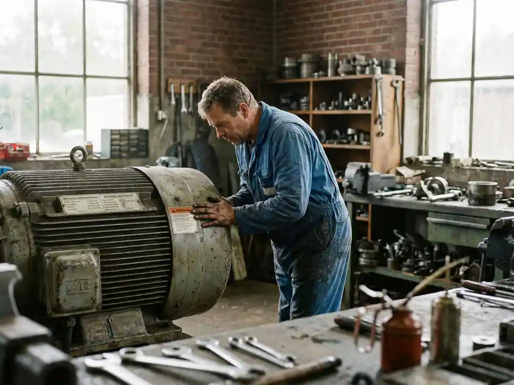 Nederlandse monteur inspecteert industriële motor in werkplaats met bakstenen muren en gereedschap op werkbank