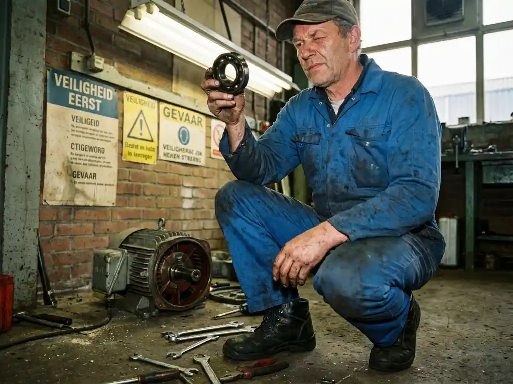 Nederlandse technicus in werkkleding inspecteert beschadigd kogellager in industriële werkplaats met gereedschap