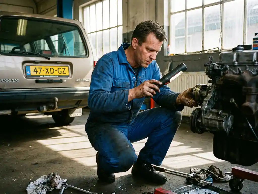Nederlandse monteur in blauwe overall onderzoekt motorlager met zaklamp in garage, gereedschap op betonnen vloer