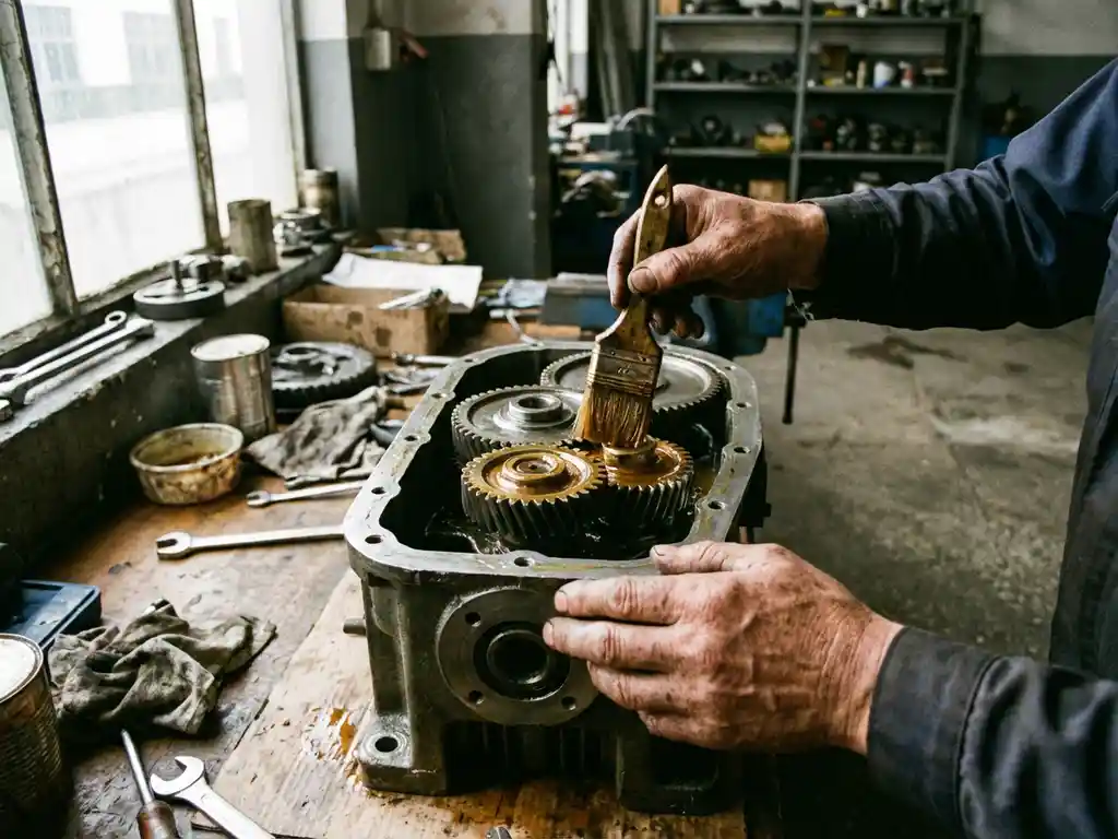 Monteur smeert verse olie op tandwielen van industriële versnellingsbak in werkplaats met gereedschap op werkbank