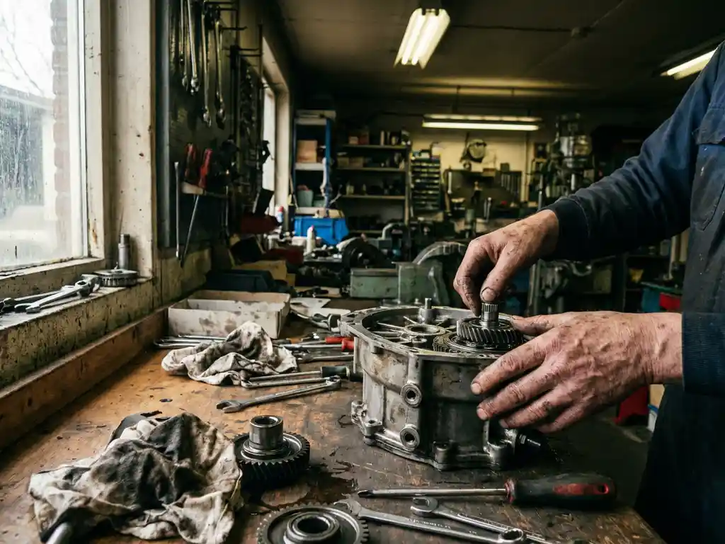 Nederlandse monteur demonteert versnellingsbak op werkbank met gereedschap en onderdelen in werkplaats