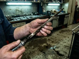 Monteur controleert peilstok met vervuilde olie uit versnellingsbak, metaaldeeltjes zichtbaar in zwarte vloeistof