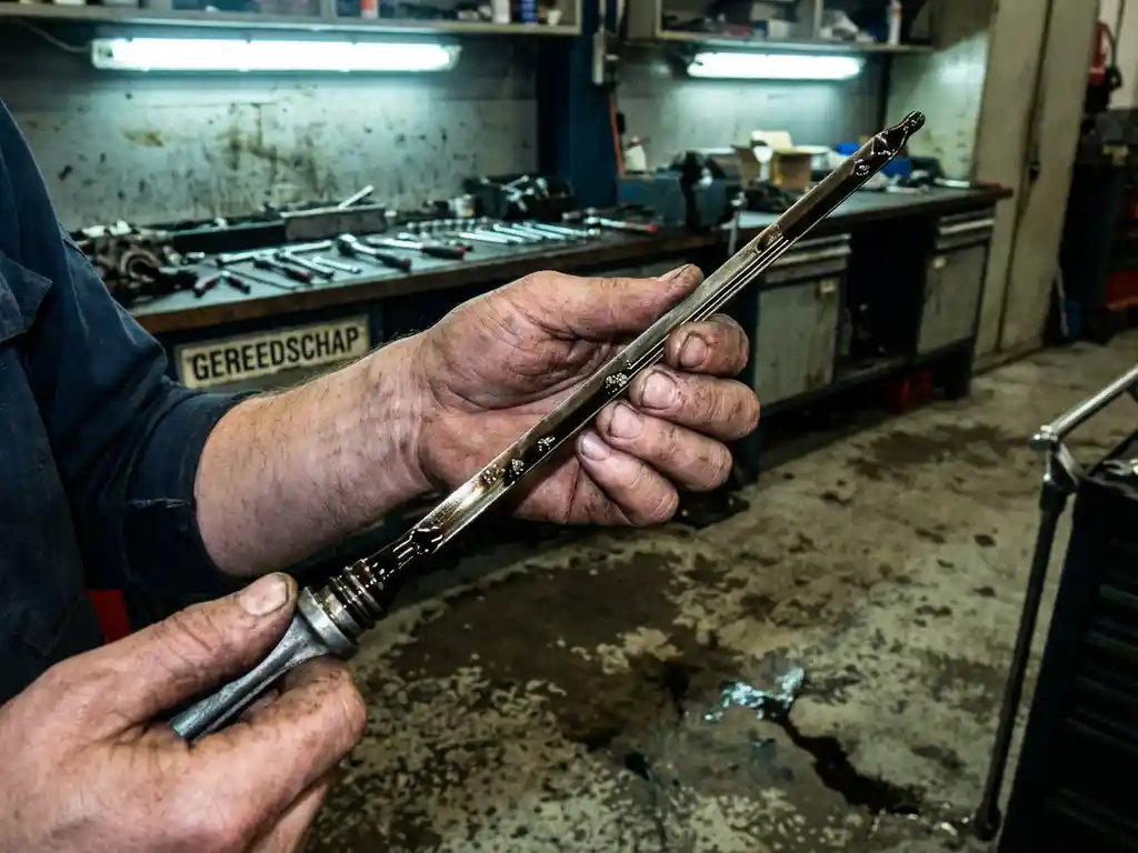 Monteur controleert peilstok met vervuilde olie uit versnellingsbak, metaaldeeltjes zichtbaar in zwarte vloeistof