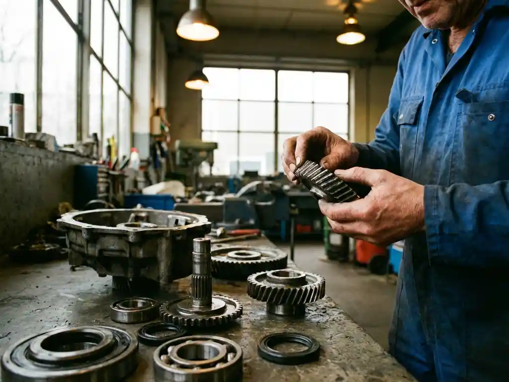 Monteur onderzoekt versleten tandwielen van demonteerde versnellingsbak in Nederlandse werkplaats met gereedschap