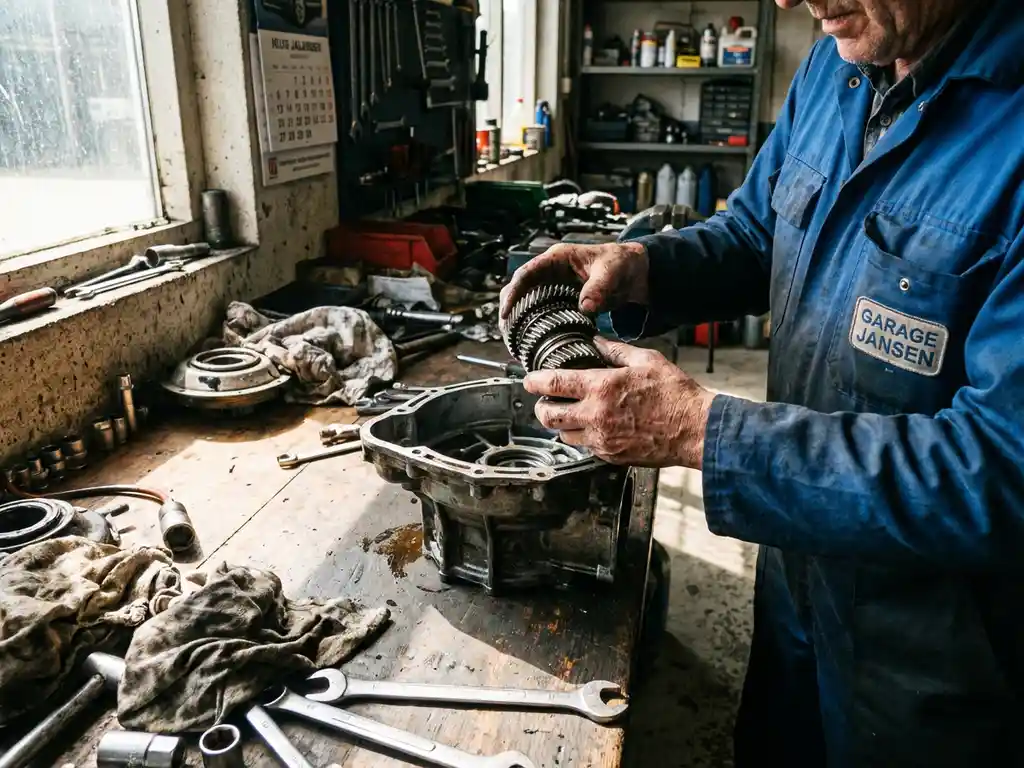 Monteur onderzoekt gedemonteerde versnellingsbak op werkbank met gereedschap en onderdelen in Nederlandse garage