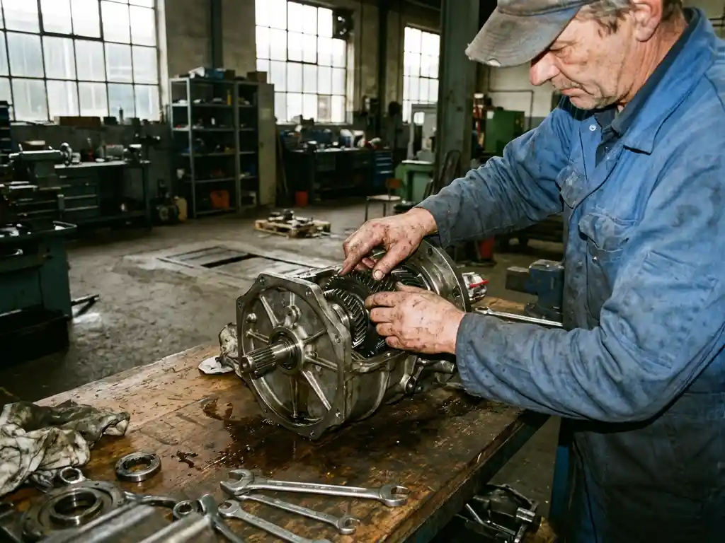 Nederlandse monteur onderzoekt industriële versnellingsbak onderdelen op werkbank in traditionele werkplaats