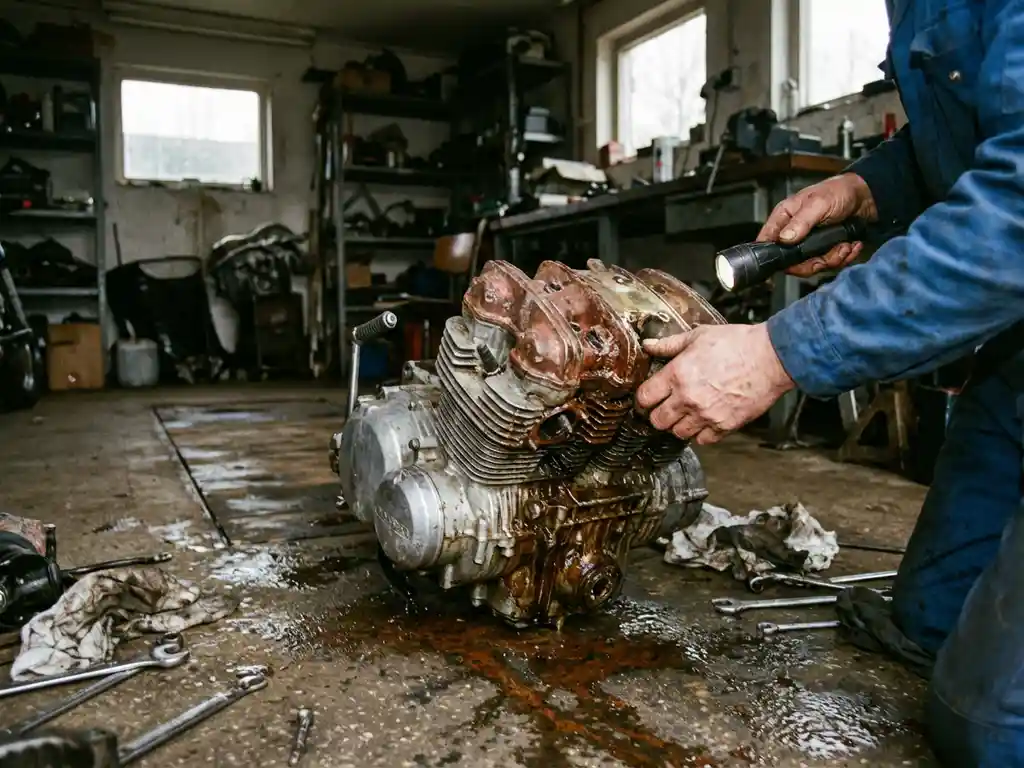 Monteur onderzoekt met zaklamp gecorrodeerde motorblok op garagevloer met roest en waterschade