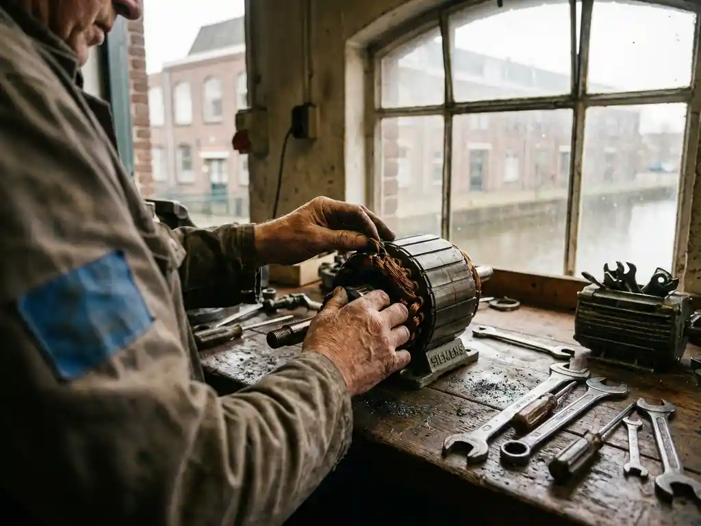 Ervaren monteur onderzoekt gedemonteerde Siemens industriemotor op werkbank in Nederlandse werkplaats