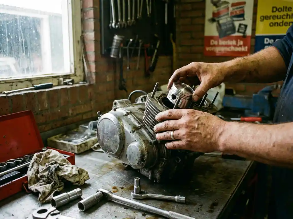 Monteur installeert zuigers in motorblok op werkbank in Nederlandse garage met gereedschap en natuurlijk licht