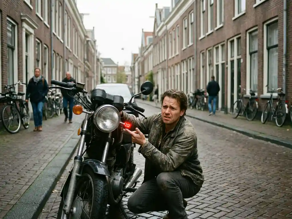 Gefrustreerde motorrijder onderzoekt beveiligingssysteem van zijn motor op Nederlandse straat met knipperende rode alarmverlichting
