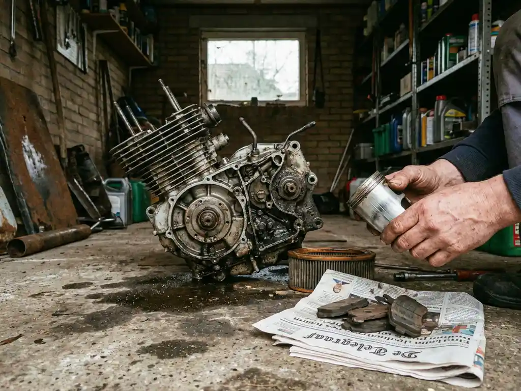 Monteur houdt beschadigde zuiger vast bij gedemonteerde motorfietsmotor op garagevloer met olievlekken en onderdelen