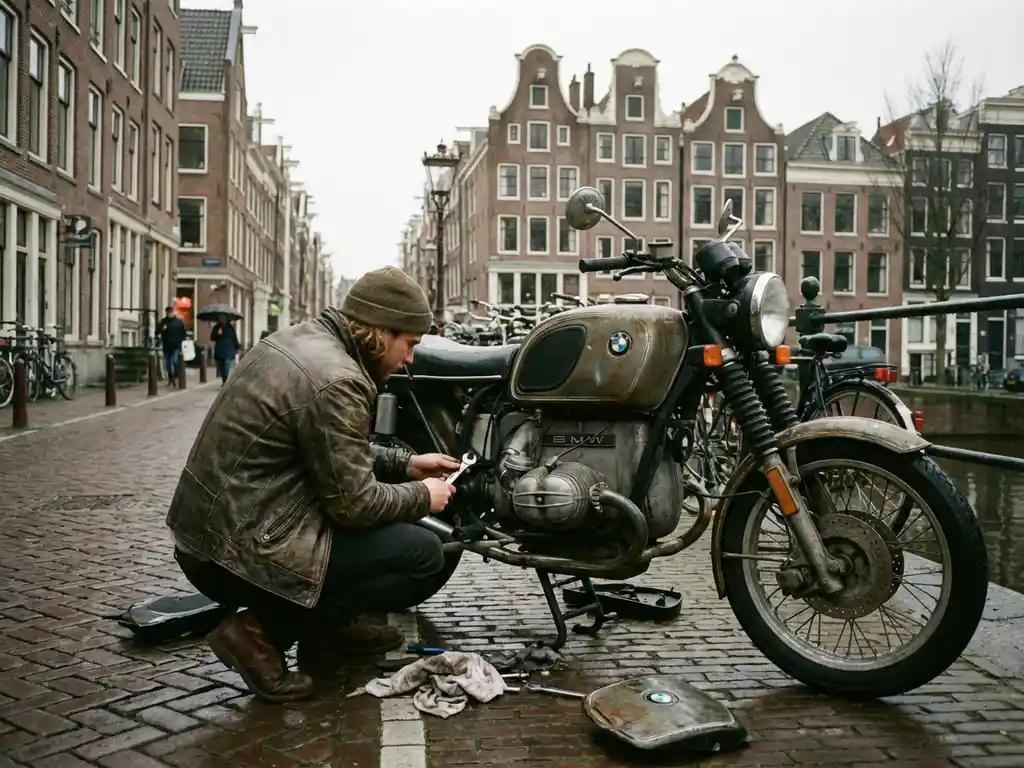 Motorrijder repareert kapotte motor met open motorkap op Nederlandse straat met bakstenen gebouwen