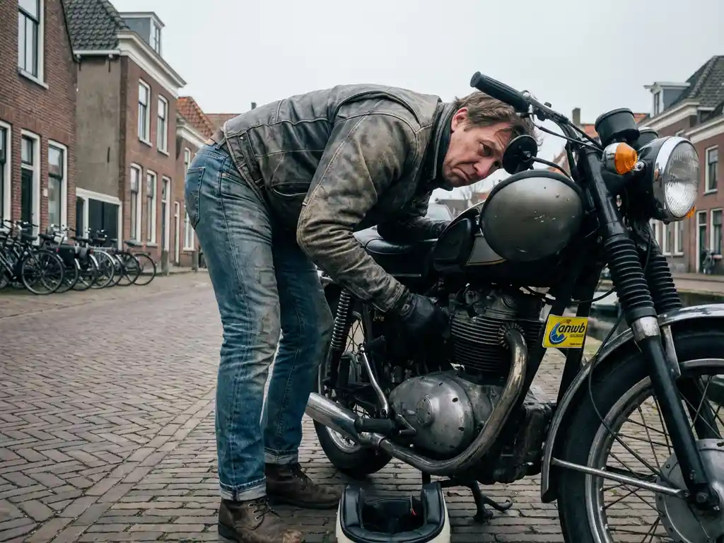 Gefrustreerde motorrijder onderzoekt kapotte motor op Nederlandse straat met bakstenen huizen op achtergrond
