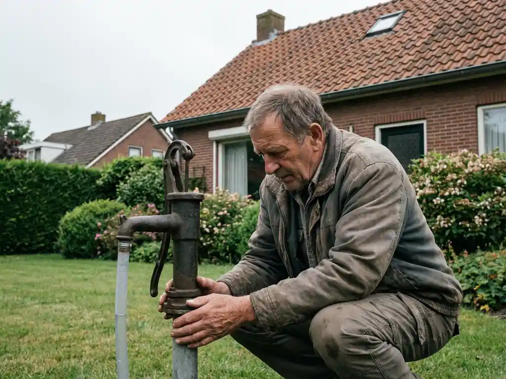 Nederlandse huiseigenaar controleert waterpeil bij traditionele waterpomp in achtertuin met bakstenen huis op achtergrond