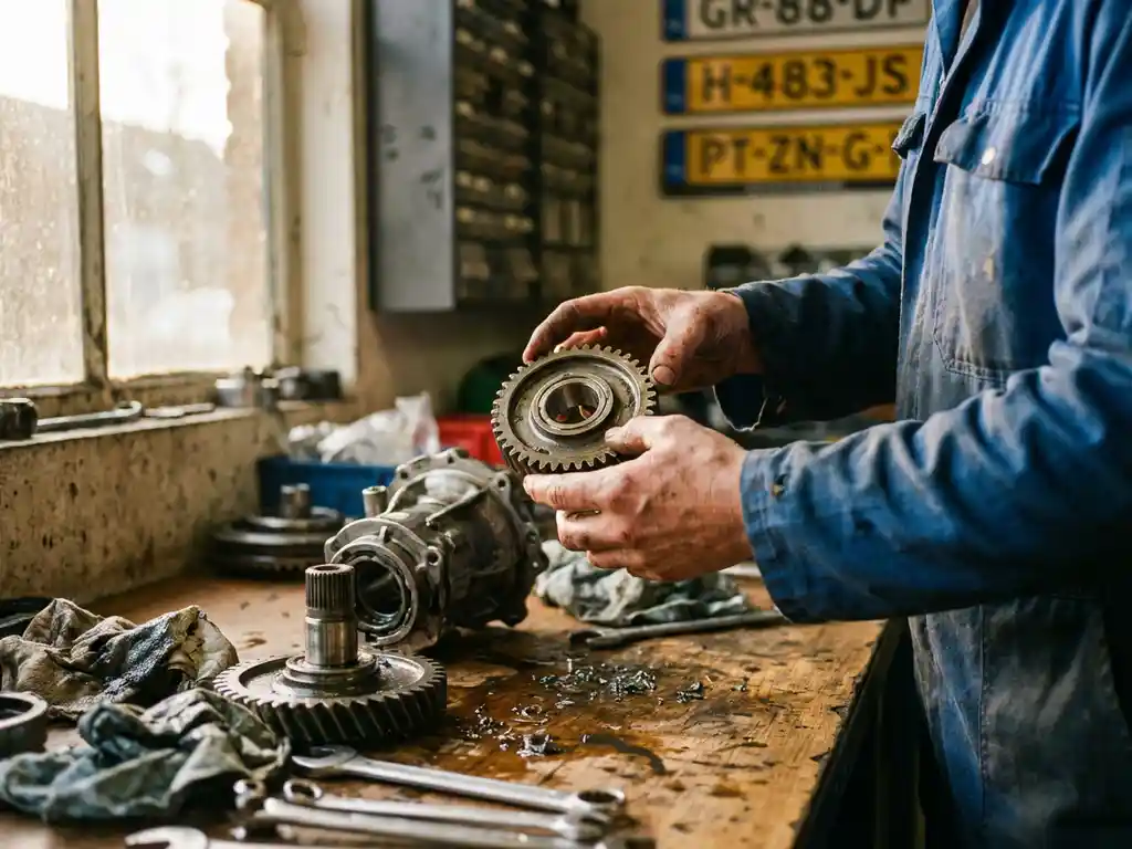 Monteur onderzoekt tandwielen van gedemonteerde versnellingsbak op werkbank in Nederlandse garage