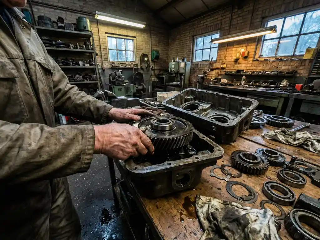 Nederlandse monteur onderzoekt gedemonteerde versnellingsbak met tandwielen op werkbank in industriële werkplaats