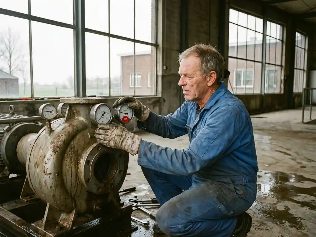 Onderhoudsmonteur controleert drukmeter van industriële centrifugaalpomp in Nederlandse waterzuiveringsinstallatie
