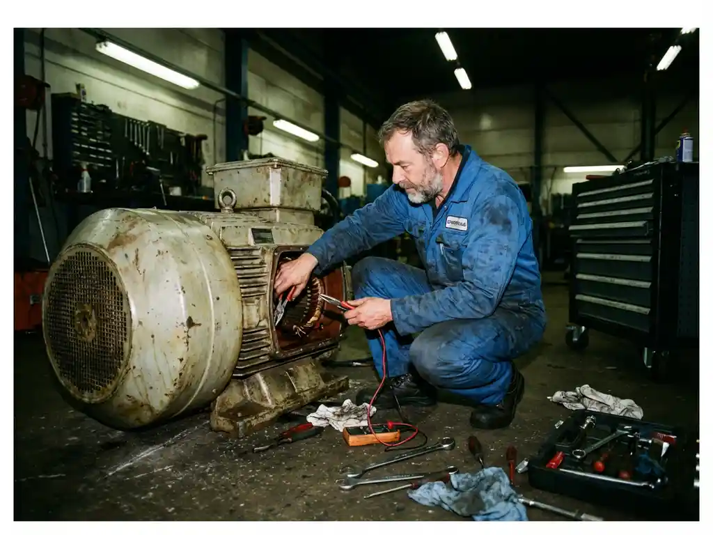 Onderhoudstechnicus repareert industriële motor in fabriek, gereedschap op betonnen vloer, werkkleding met slijtage